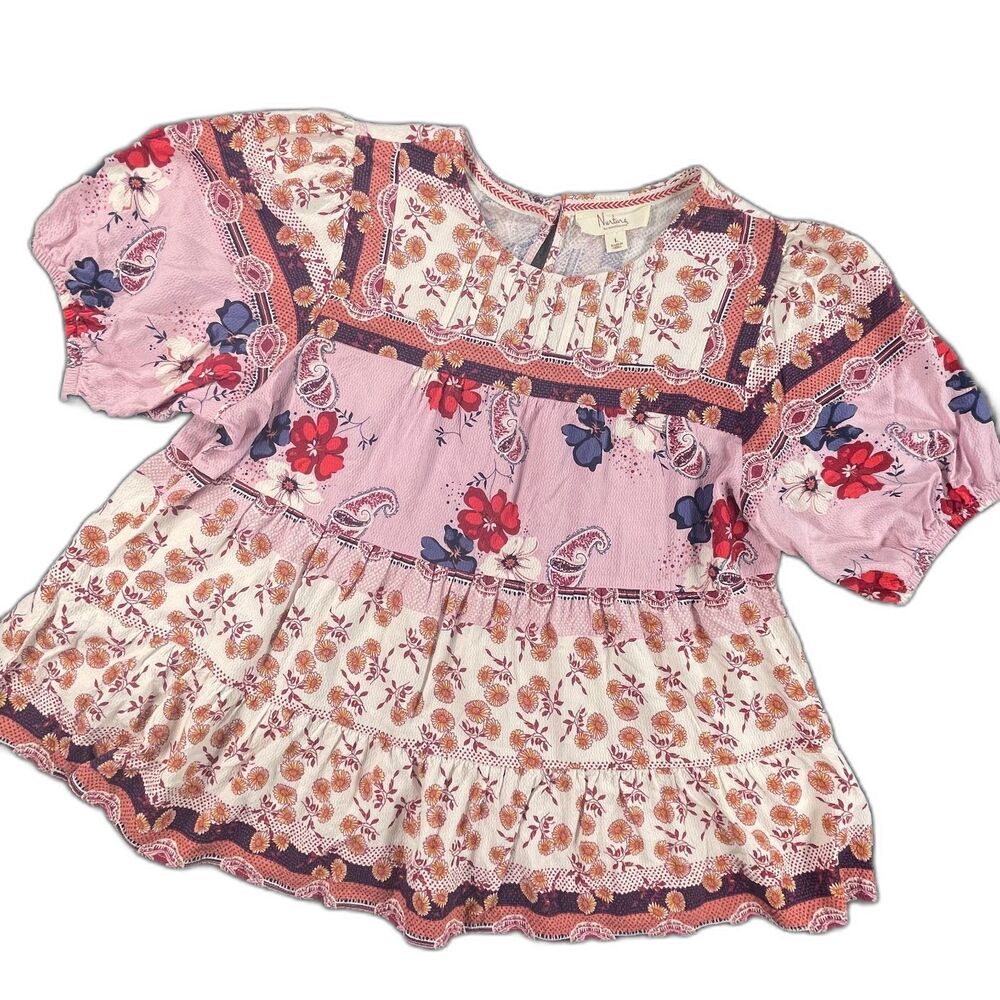 Nurture Patchwork Floral Peasant Blouse Large Pink Purple Rayon Tiered Top Boho